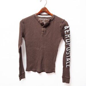 Y2K Aeropostale Brown Waffle Knit Long Sleeve Logo Henley 1/4 Button Top XS S